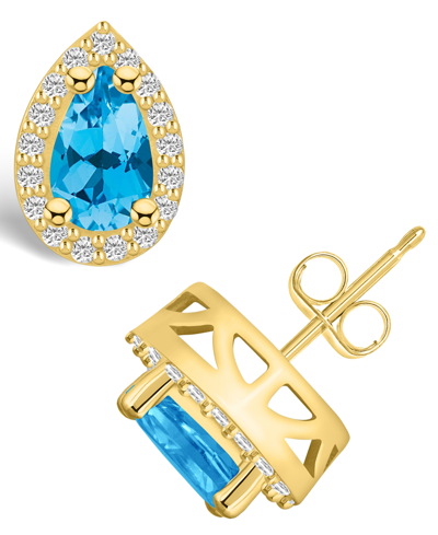 Macy's Topaz (2-1/10 Ct. T.w.) And Diamond (1/3 Ct. T.w.) Halo Stud Earrings In 14k Yellow Gold In Blue Topaz