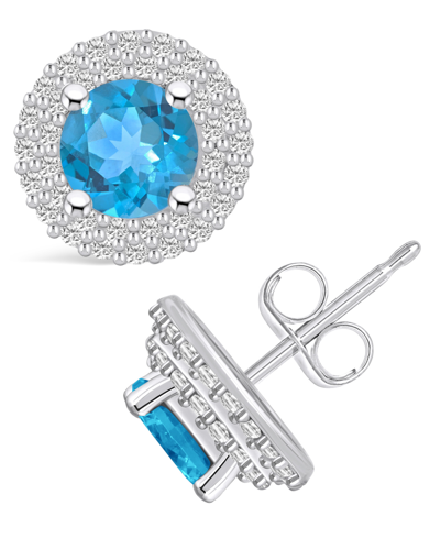 Macy's London Topaz (2-1/3 Ct. T.w.) And Diamond (1/2 Ct. T.w.) Halo Stud Earrings In 14k White Gold In Blue Topaz