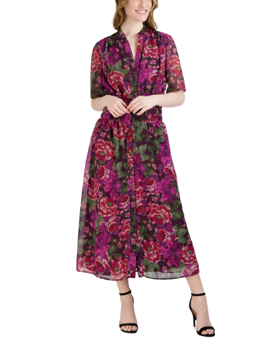 Donna Ricco Women's Smocked-waist Floral-print Shirtdress In Burgundy Multi