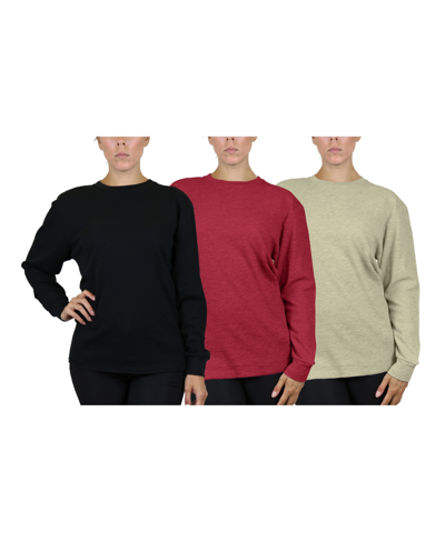 Galaxy By Harvic Women's Loose Fit Waffle Knit Thermal Shirt, Pack Of 3 In Black,burgundy,heather Oatmeal