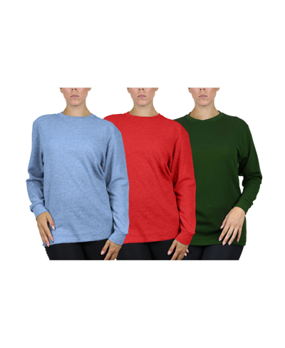 Galaxy By Harvic Women's Loose Fit Waffle Knit Thermal Shirt, Pack Of 3 In Heather Medium Blue,red,olive