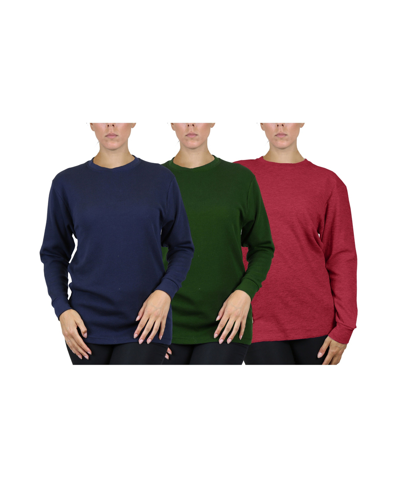 Galaxy By Harvic Women's Loose Fit Waffle Knit Thermal Shirt, Pack Of 3 In Navy,olive,burgundy