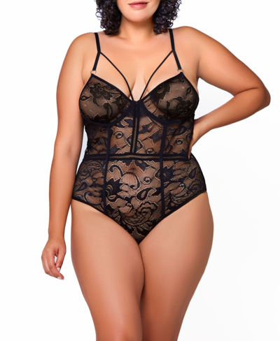 Icollection Plus Size Gabriel Embroidered Lace And Mesh Bodysuit In Black