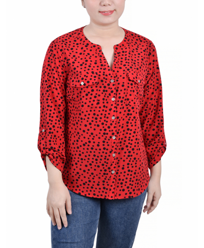 NY COLLECTION WOMEN'S 3/4 ROLL TAB SLEEVE MANDARIN COLLAR BLOUSE