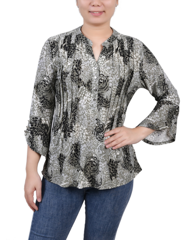 Ny Collection Women's 3/4 Sleeve Overlapped Bell Sleeve Y-neck Top In Black