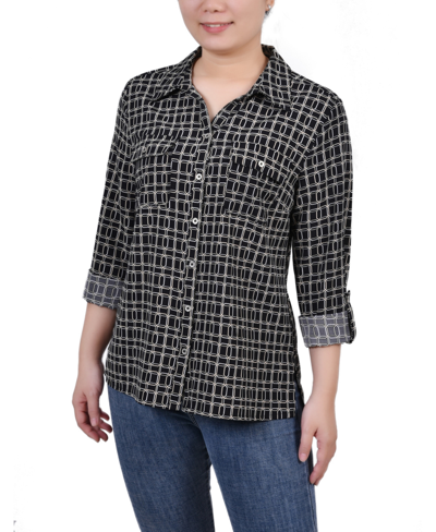 Ny Collection Women's 3/4 Roll Tab Shirt With Pockets In Black Gold-tone Harlie