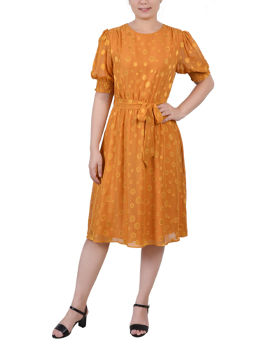 Ny Collection Women's Elbow Sleeve Swiss Dot Dress In Inca Gold-tone