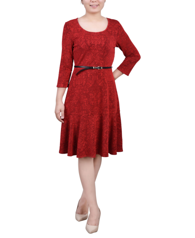 Ny Collection Women's 3/4 Sleeve Jacquard Ponte Belted Dress In Red Brocade