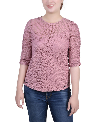 Ny Collection Women's Rouched Sleeve Lace Top In Pink