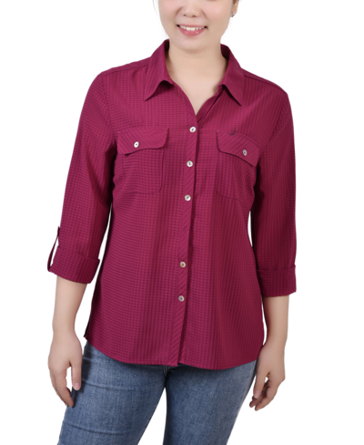 Ny Collection Women's 3/4 Sleeve Windowpane Blouse In Wine