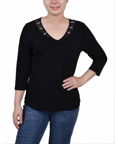 Ny Collection Women's 3/4 Sleeve Tunic With Illusion Neckline And Stones In Black