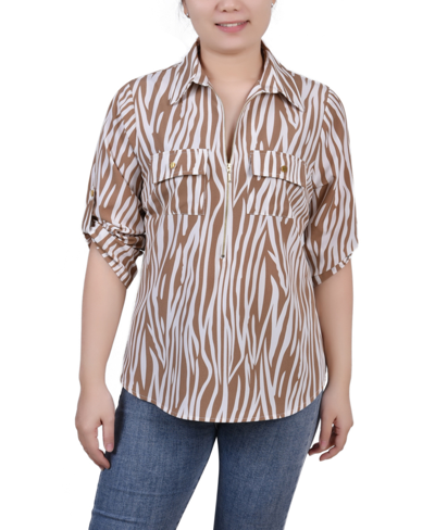 Ny Collection Women's 3/4 Roll Tab Sleeve Zip Front Top In Antique White Animal