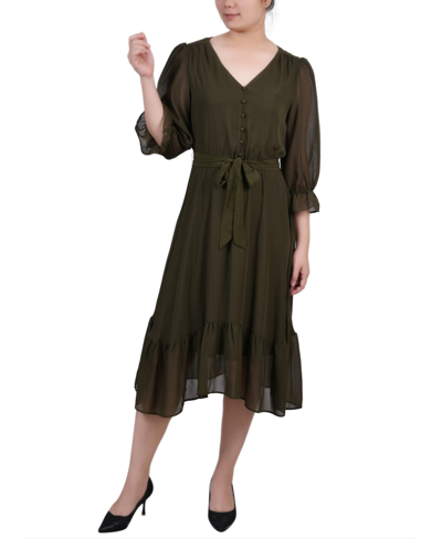 Ny Collection Plus Size 3/4 Sleeve V-neck Flounced Dress In Olive
