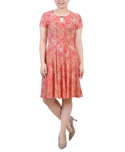Ny Collection Women's Short Sleeve Jacquard Knit Seamed Dress In Coral Tie Dye Pais