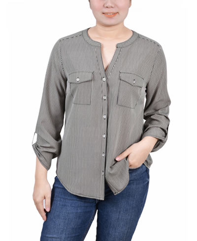 Ny Collection Women's 3/4 Roll Tab Sleeve Mandarin Collar Blouse In Black