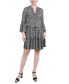 Ny Collection Petite Long Sleeve Tiered Dress In Tribal Black