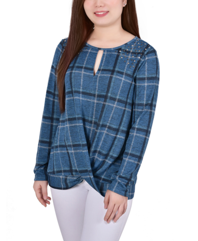 Ny Collection Women's Long Sleeve Knit Keyhole Top With Studs In Blue