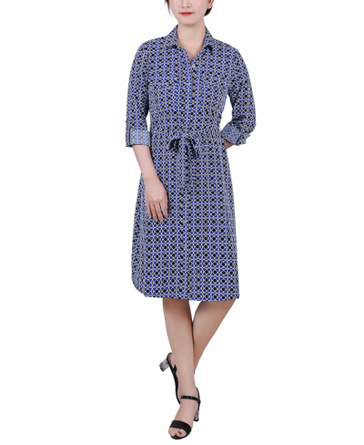 Ny Collection Women's 3/4 Sleeve Roll Tab Shirtdress With Belt In Surf The Web Alcalaric