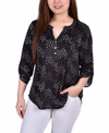 Ny Collection Women's 3/4 Roll Tab Sleeve Y-neck Top In Black White Abstract