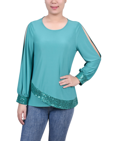 Ny Collection Women's Long Sleeve Knit Top With Sequin Trim In Emerald Green