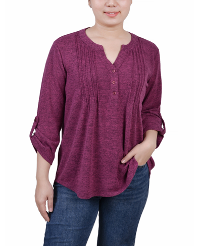 Ny Collection Petite 3/4 Roll Tab Sleeve Pintuck Top In Burgundy