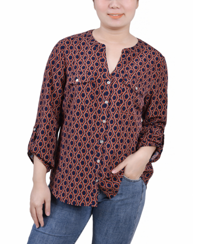 NY COLLECTION WOMEN'S 3/4 ROLL TAB SLEEVE MANDARIN COLLAR BLOUSE