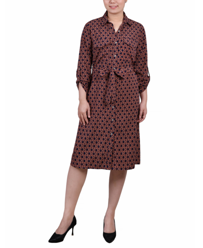 Ny Collection Women's 3/4 Sleeve Roll Tab Shirtdress With Belt In Navy Autumn Glaze Thill