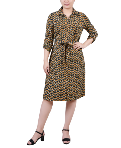 Ny Collection Petite Geometric Printed Long Sleeve Roll Tab Shirtdress In Cypress Inca Gold-tone Navy Zigzag