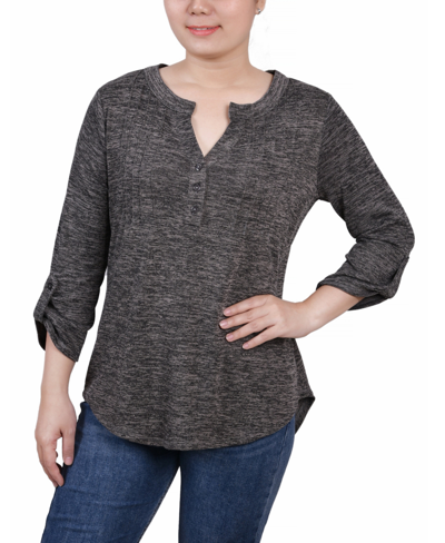 Ny Collection Women's 3/4 Roll Tab Sleeve Y-neck Top In Black