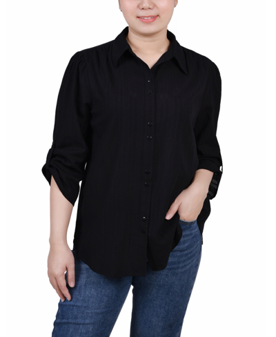 Ny Collection Women's 3/4 Roll Tab Sleeve Cotton Blouse In Black