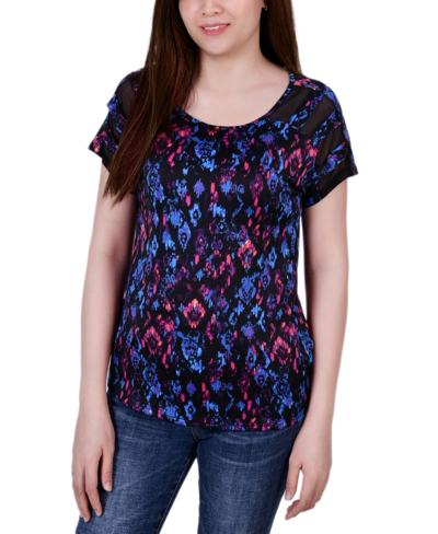 Ny Collection Women's Short Sleeve Top With Mesh Sleeve In Multi Ikat