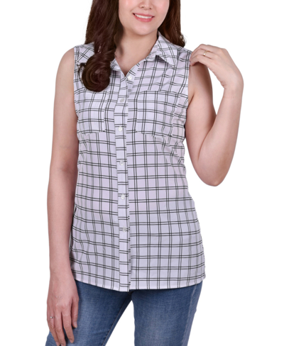 Ny Collection Women's Petite Sleeveless Notch Collar Button Front Blouse In White Gridview