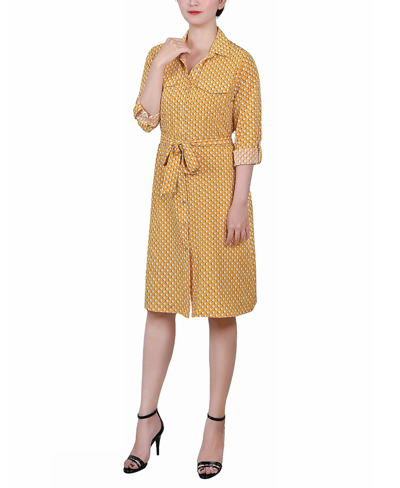 Ny Collection Women's 3/4 Sleeve Roll Tab Shirtdress With Belt In Gold-tone Bidotshade