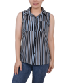 Ny Collection Women's Petite Sleeveless Notch Collar Button Front Blouse In Black Teal White Stripe