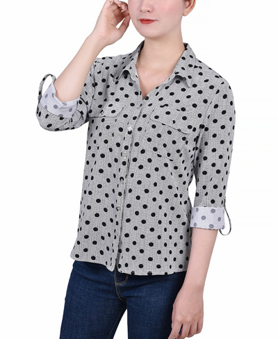 Ny Collection Petite 3/4 Sleeve Roll Tab Notch Collar Blouse In Black White Abstract Dot