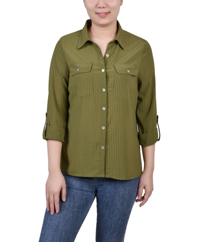 Ny Collection Women's 3/4 Sleeve Windowpane Blouse In Olive