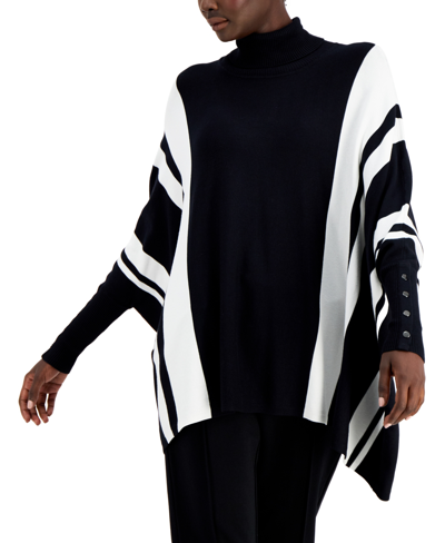Alfani Striped Turtleneck Poncho Sweater, Created For Macy's In Black Cloud