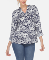 White Mark Plus Size Pleated Long Sleeve Floral Print Blouse In Navy