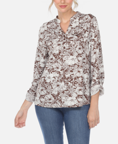 White Mark Plus Size Pleated Long Sleeve Floral Print Blouse In Brown