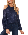 CECE WOMEN'S SEQUINED LONG SLEEVE COLD-SHOULDER BLOUSE