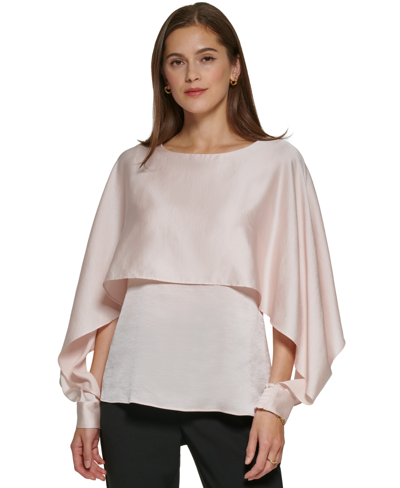 Dkny Petite Solid Crewneck Smocked-cuff Cape Blouse In Champagne