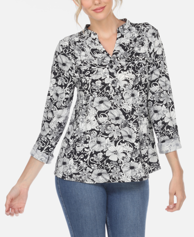 White Mark Plus Size Pleated Long Sleeve Floral Print Blouse In Black