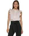 Dkny Petite Printed Ruffle-trimmed Sleeveless V-neck Blouse In Champagne