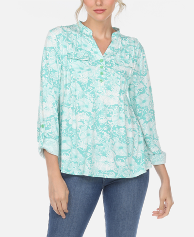 White Mark Plus Size Pleated Long Sleeve Floral Print Blouse In Green
