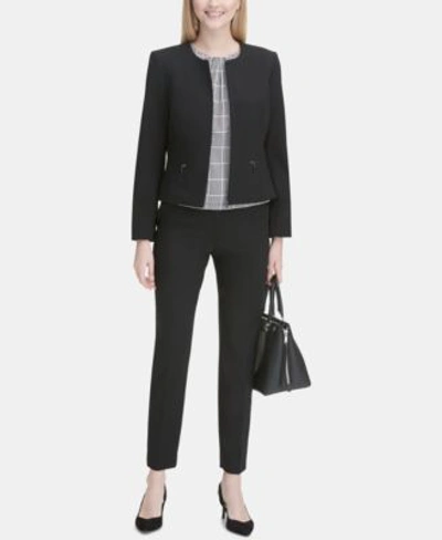 Calvin Klein Collarless Blazer Pleated Top Straight Leg Pants In Black