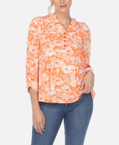 White Mark Women's Pleated Floral Print Blouse In Orange