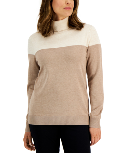 Karen Scott Women's Colorblocked Turtleneck Sweater, Created For Macy's In Chestnut Heather Combo