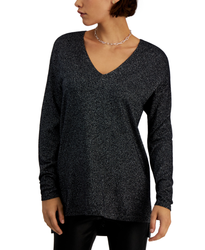Inc International Concepts Women's Shine V-neck Long-sleeve Tunic, Created For Macy's In Black With Silver