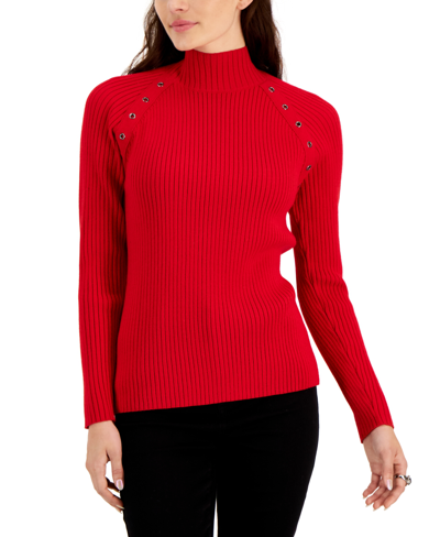 Fever Women's Mock-neck Ribbed Grommet-trim Sweater In Barbados Cherry ...