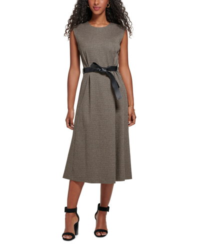 Calvin Klein Petite Patterned Sleeveless Belted Dress In Grey
